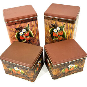 Vintage J.L. Clark Strawberry Blossom on Wood Canisters Set of 4